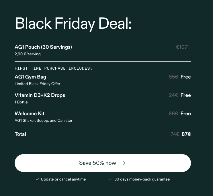 Bevis på kupong - AG1 - AG1 [[Black Friday]] 50 % rabatt på första köp - Utgånget